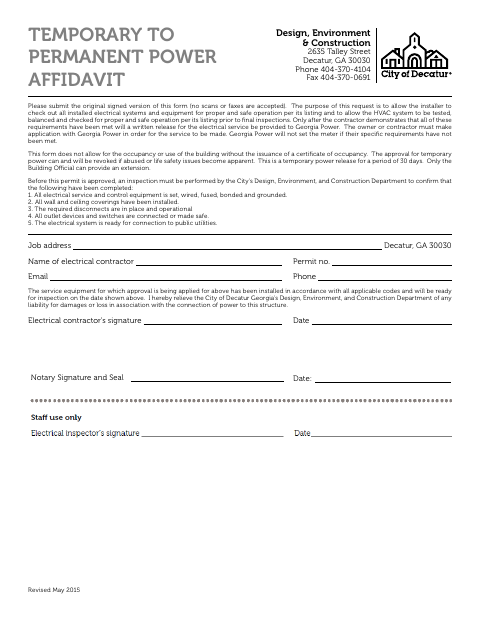 First page of the Temporary Power Affidavit