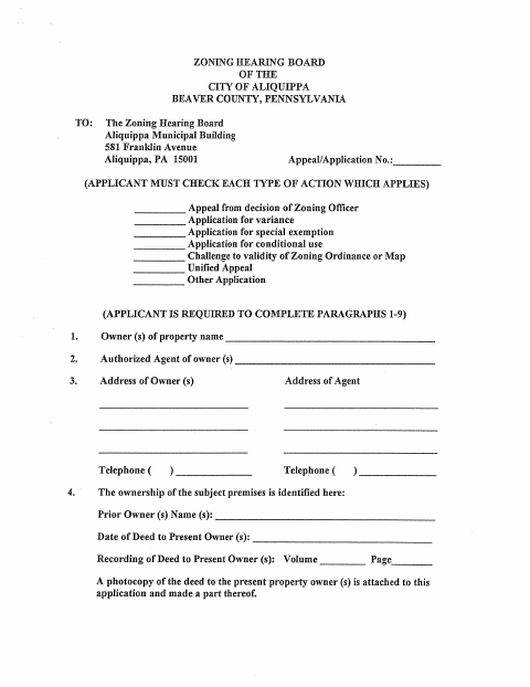First page of the Zoning Hearing Board Application