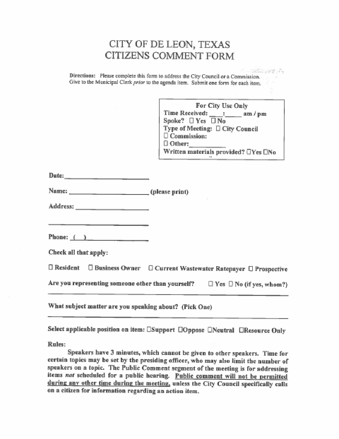 First page of the Citizens Comment Form