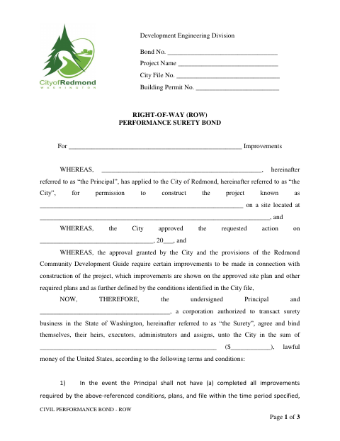 First page of the Right-of-Way Performance Surety Bond