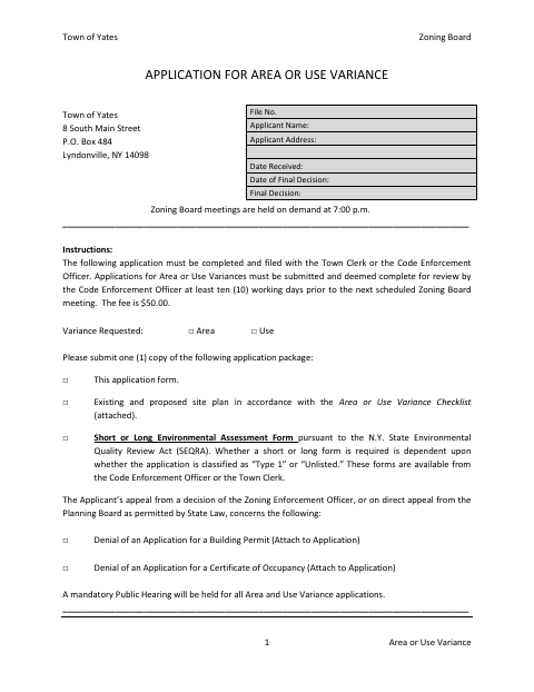 First page of the Application for Area or Use Variance