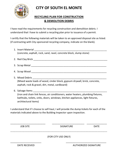 First page of the Recycling Plan for Construction & Demolition Debris