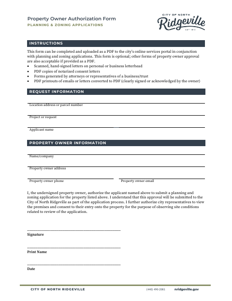 First page of the Property Owner Authorization Form