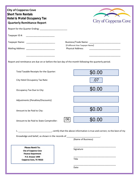 First page of the Short Term Rentals Hotel & Motel Occupancy Tax Quarterly Remittance Report