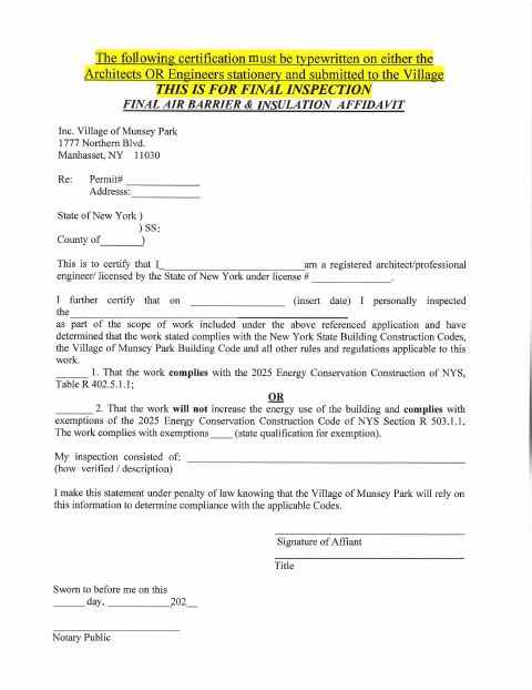 First page of the Final Air Barrier and Insulation Affidavit