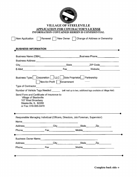 First page of the Contractor License Application