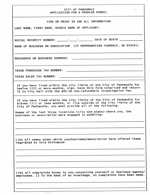 First page of the Peddler Permit Application