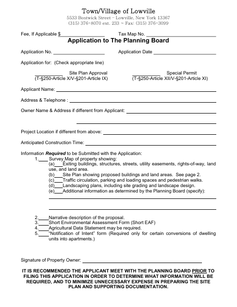 First page of the Planning Board Application