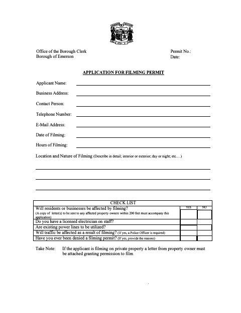 First page of the Application for Filming Permit