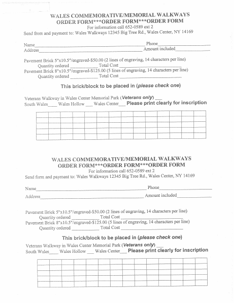 First page of the Commemorative Walkway Order Form