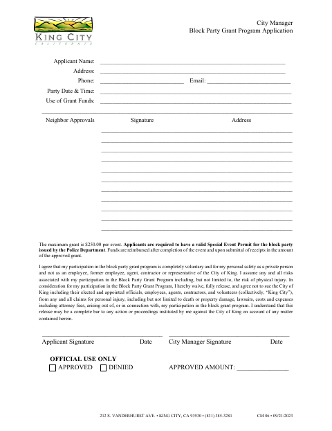 First page of the Block Party Grant Program Application