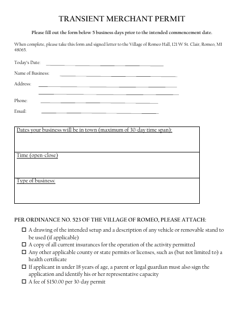 First page of the Transient Merchant Permit