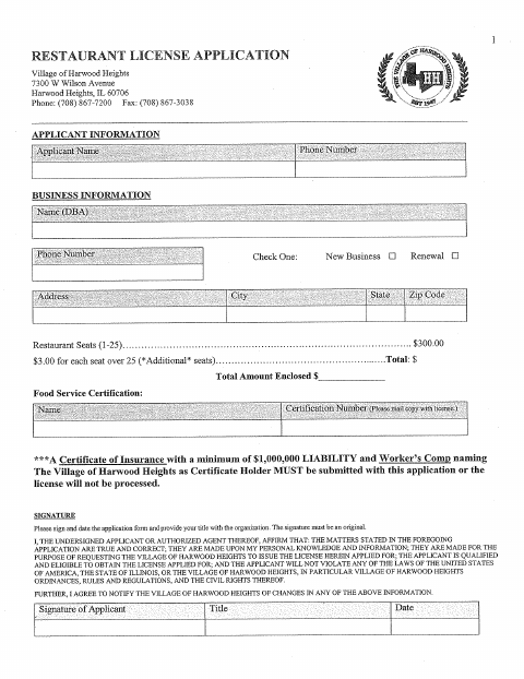 First page of the Restaurant License Application