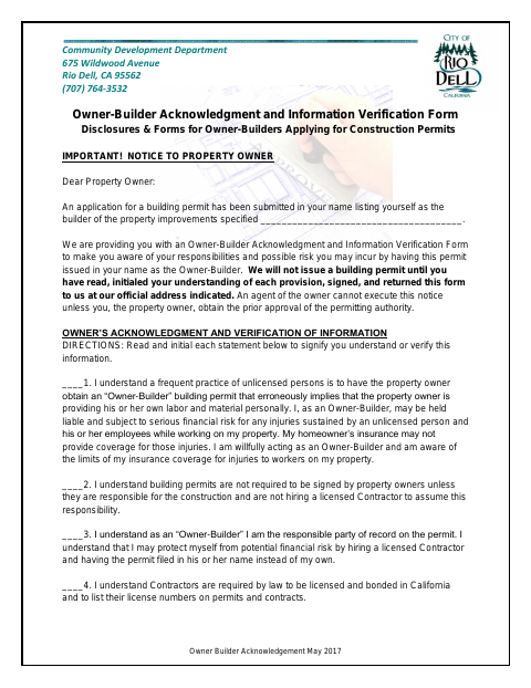 First page of the Owner-Builder Acknowledgment Form