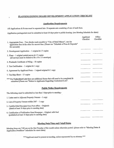 First page of the Planning/Zoning Board Development Application Checklist