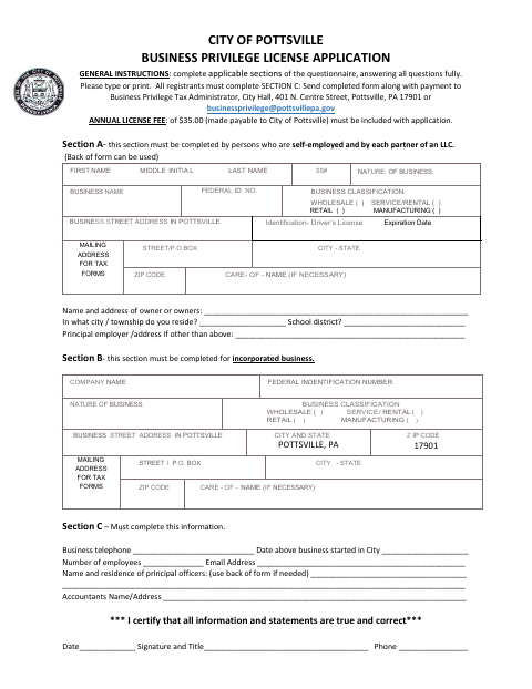 First page of the Business Privilege License Application