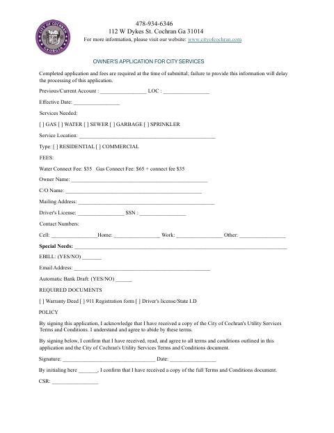 First page of the Owner's Application for City Services