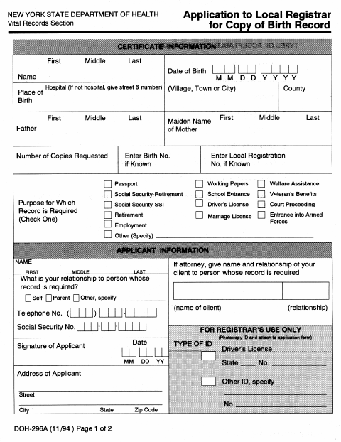 First page of the Application for Local Registrar – Copy of Birth Record