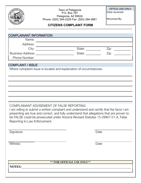 First page of the Citizens Complaint Form