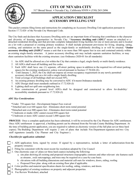 First page of the Accessory Dwelling Unit Application Checklist