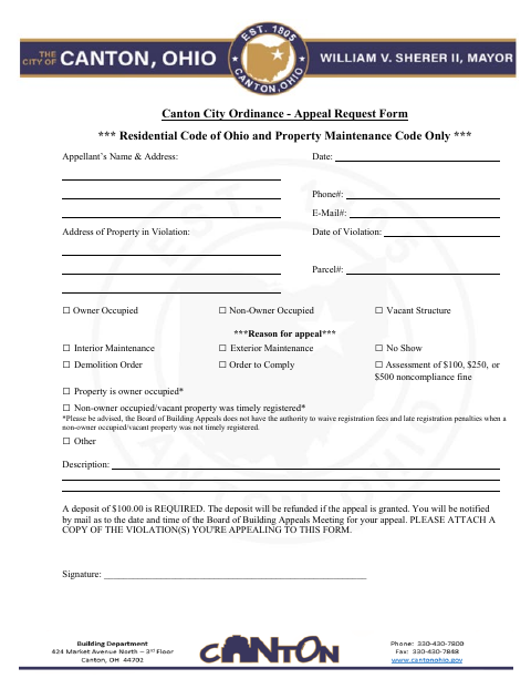First page of the Canton City Ordinance Appeal Request Form