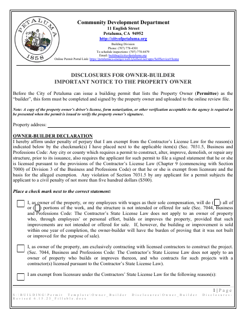 First page of the Owner-Builder Disclosures (Building Permit)