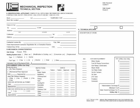 First page of the Mechanical Inspection Permit Application