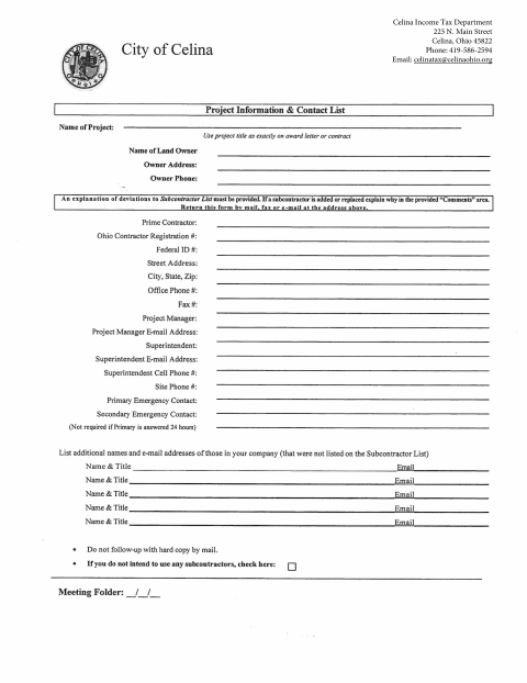 First page of the Project Information & Subcontractor List