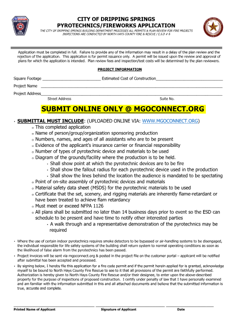 First page of the Pyrotechnics/Fireworks Permit Application