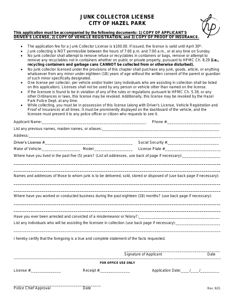 First page of the Junk Collector License Application