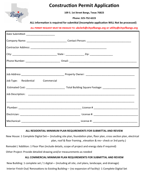 First page of the Construction Permit Application