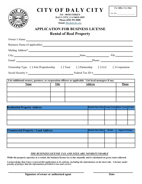 First page of the Application for Business License Rental of Real Property
