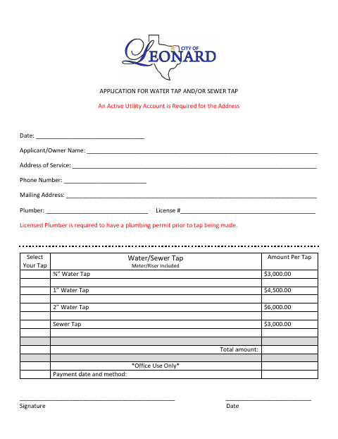 First page of the Application for Water Tap and/or Sewer Tap