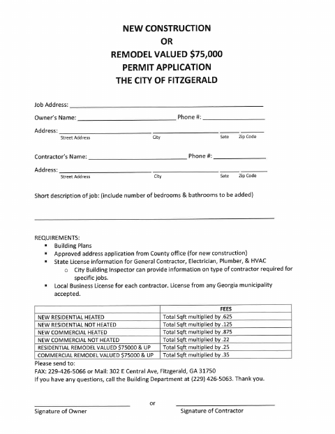First page of the New Construction or Remodel Value $75,000 Permit Application