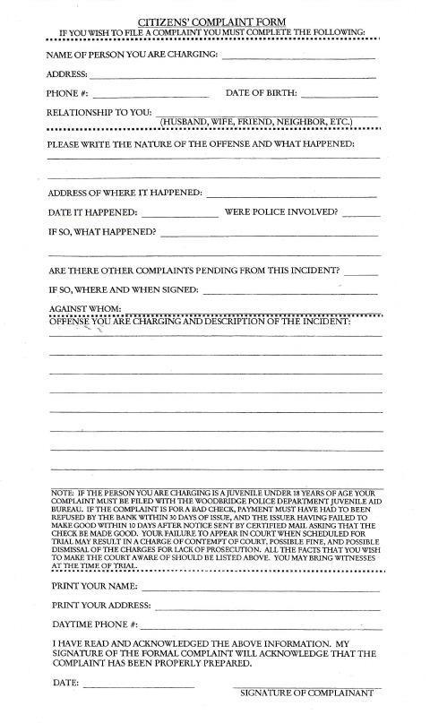 First page of the Citizen Complaint Form