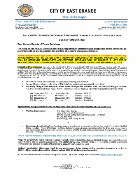 First page of the Annual Filing of Itemized Rent-Roll and Registration Statement