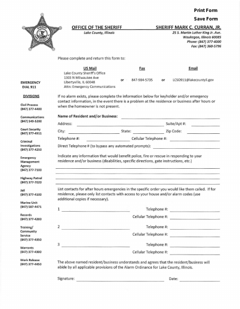 First page of the Keyholder and/or Emergency Contact Information