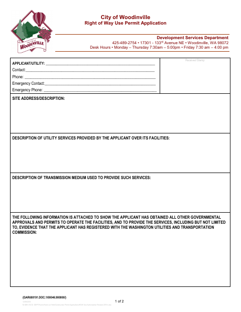 First page of the Right of Way Use Permit Application