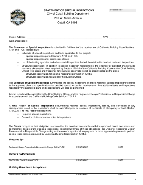 First page of the Statement of Special Inspections