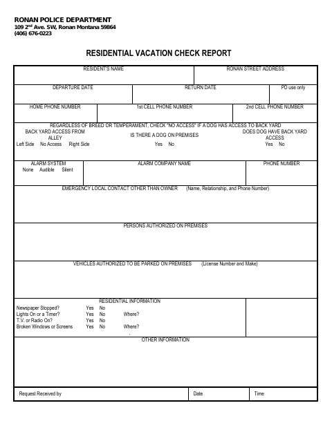 First page of the Residential Vacation Check Report