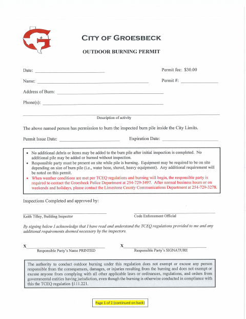 First page of the Outdoor Burning Permit