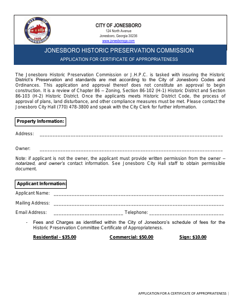 First page of the Application for Certificate of Appropriateness