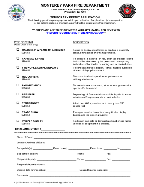 First page of the Temporary Permit Application