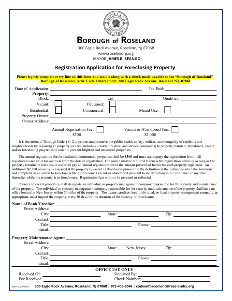First page of the Registration Application for Foreclosing Property