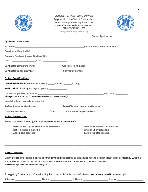 First page of the Application for Street Excavation