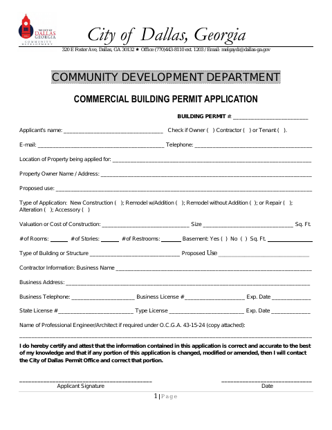 First page of the Commercial Building Permit Application
