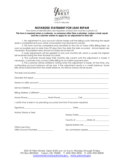 First page of the Notarized Statement for Leak Repair