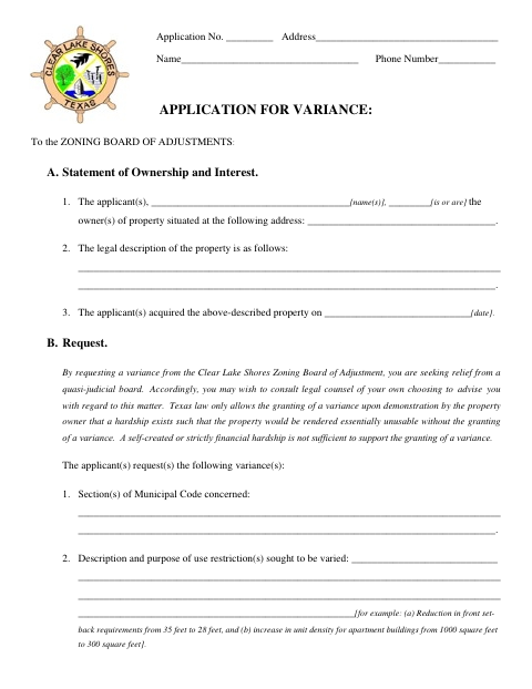 First page of the Application for Variance
