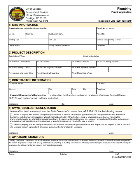 First page of the Plumbing Permit Application