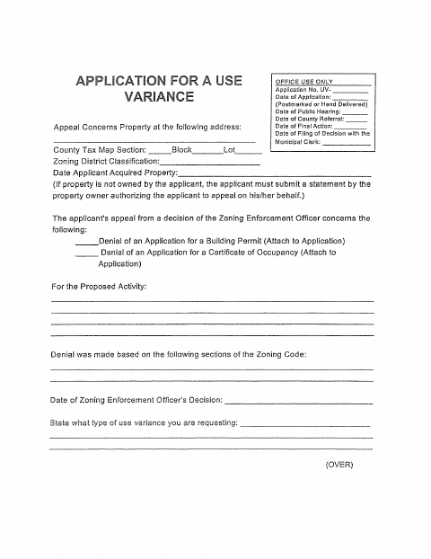 First page of the Use Variance Application